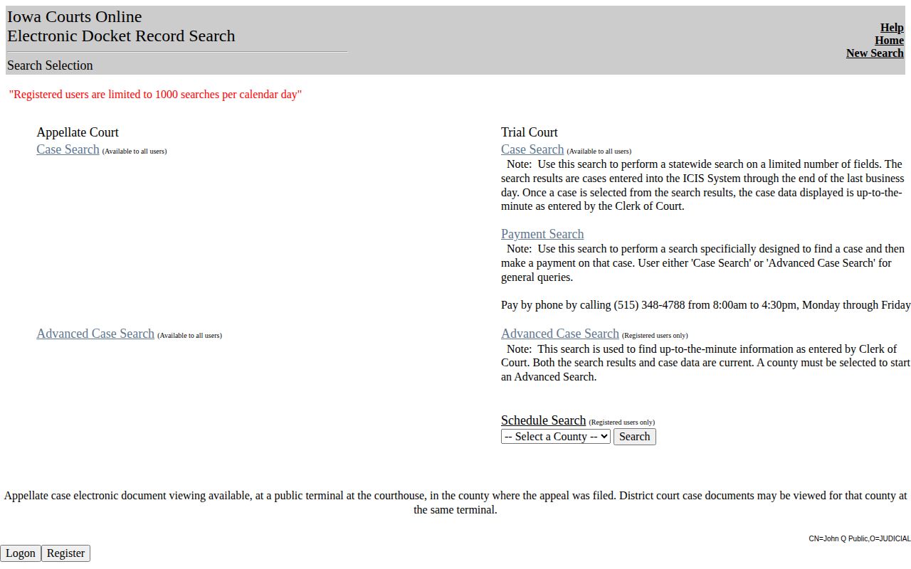 Page County arrest case disposition search through Iowa Courts Online