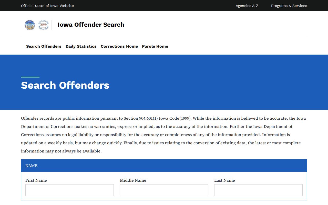 Page County state offender records in the Iowa corrections search form