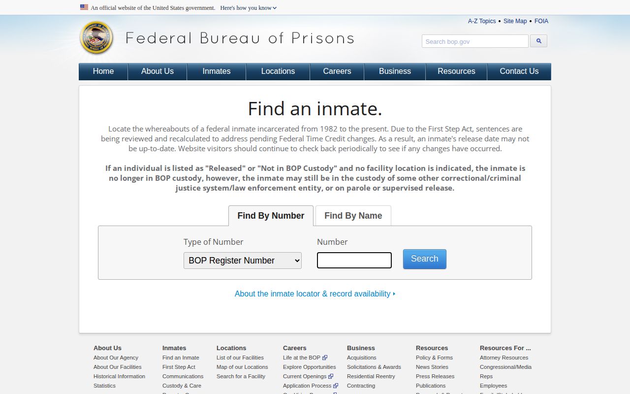 Page County federal custody record lookup through the BOP locator