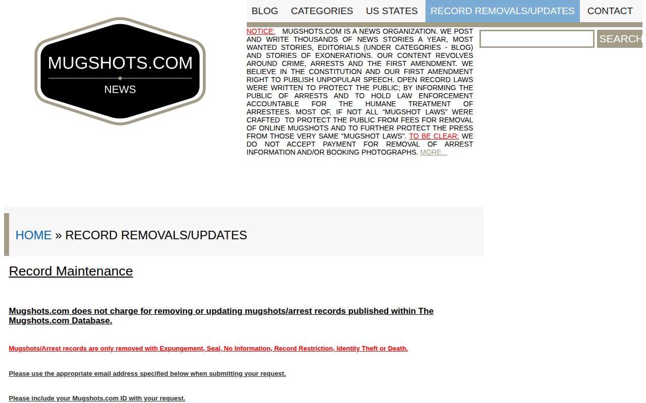 Page County mugshot record correction policy on an unofficial publisher site